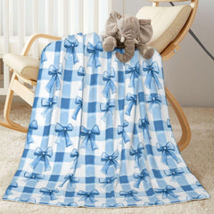 SUPLUCHOM baby blanket blue bows check closeup highlighting plush softness for sensitive skin.