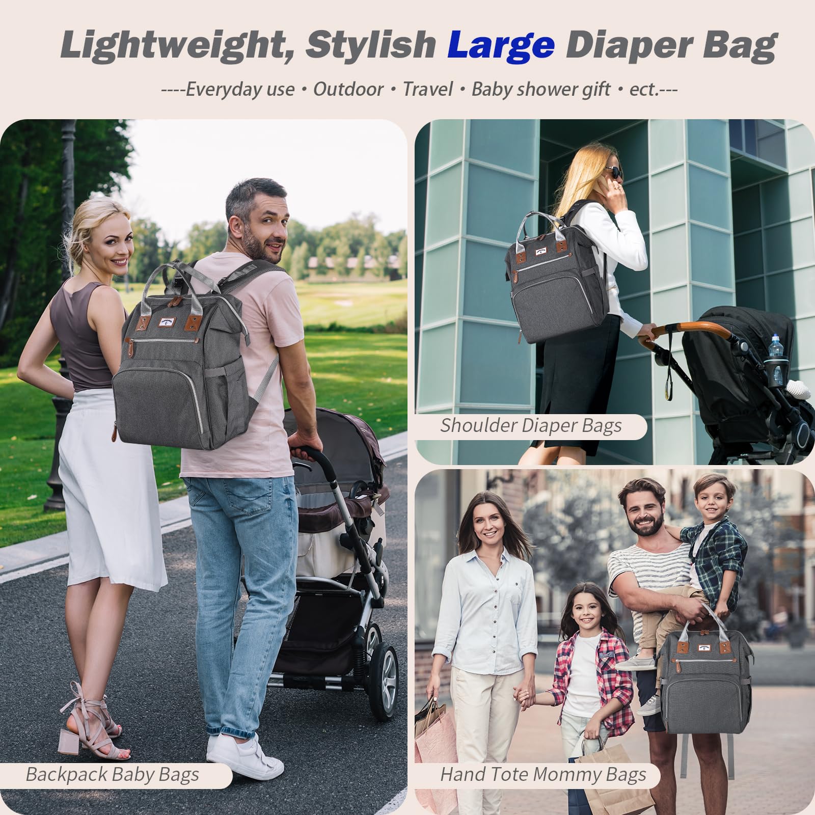 SUPROMOMI gray diaper bag backpack back view highlights comfortable straps