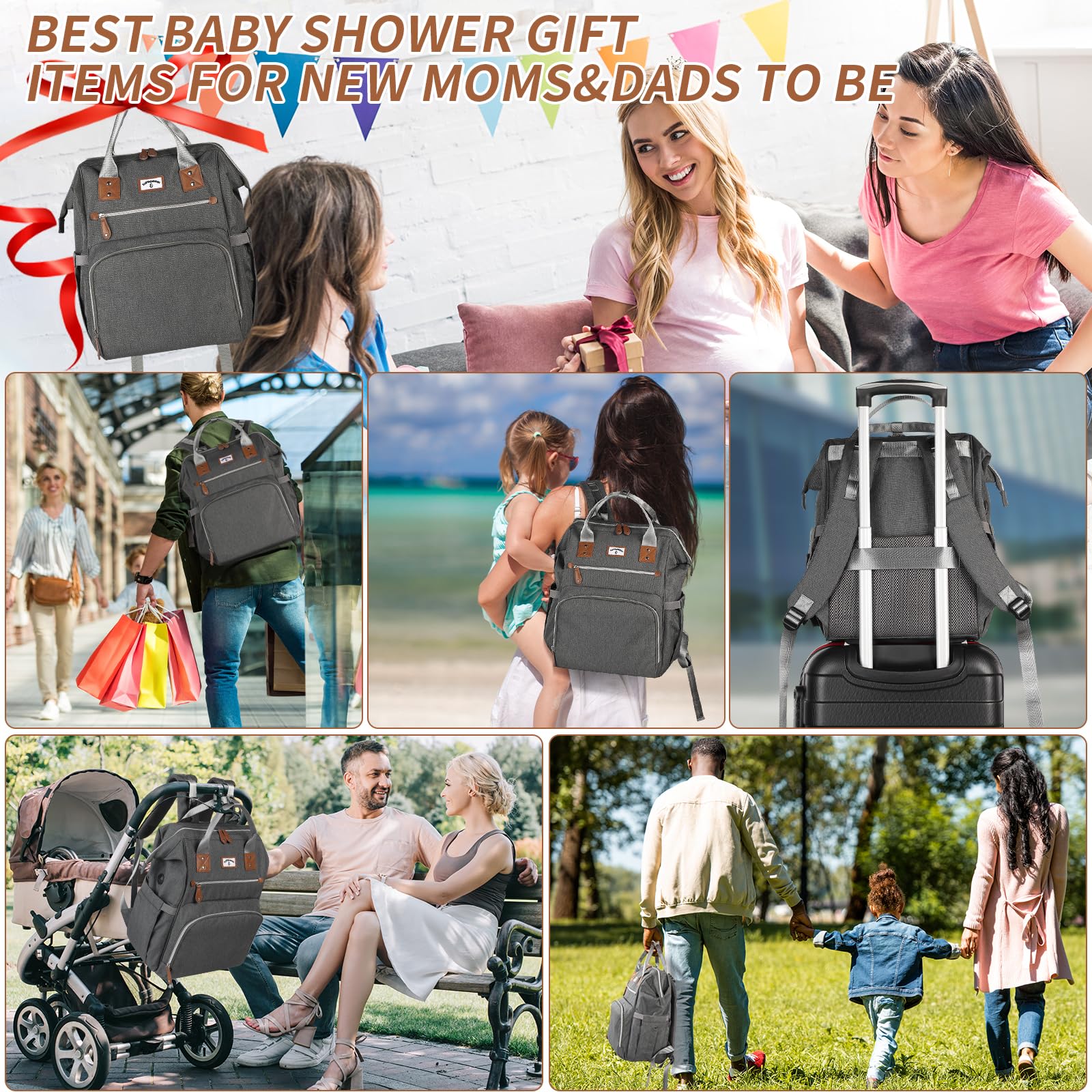 SUPROMOMI gray diaper bag used by a family on an outing