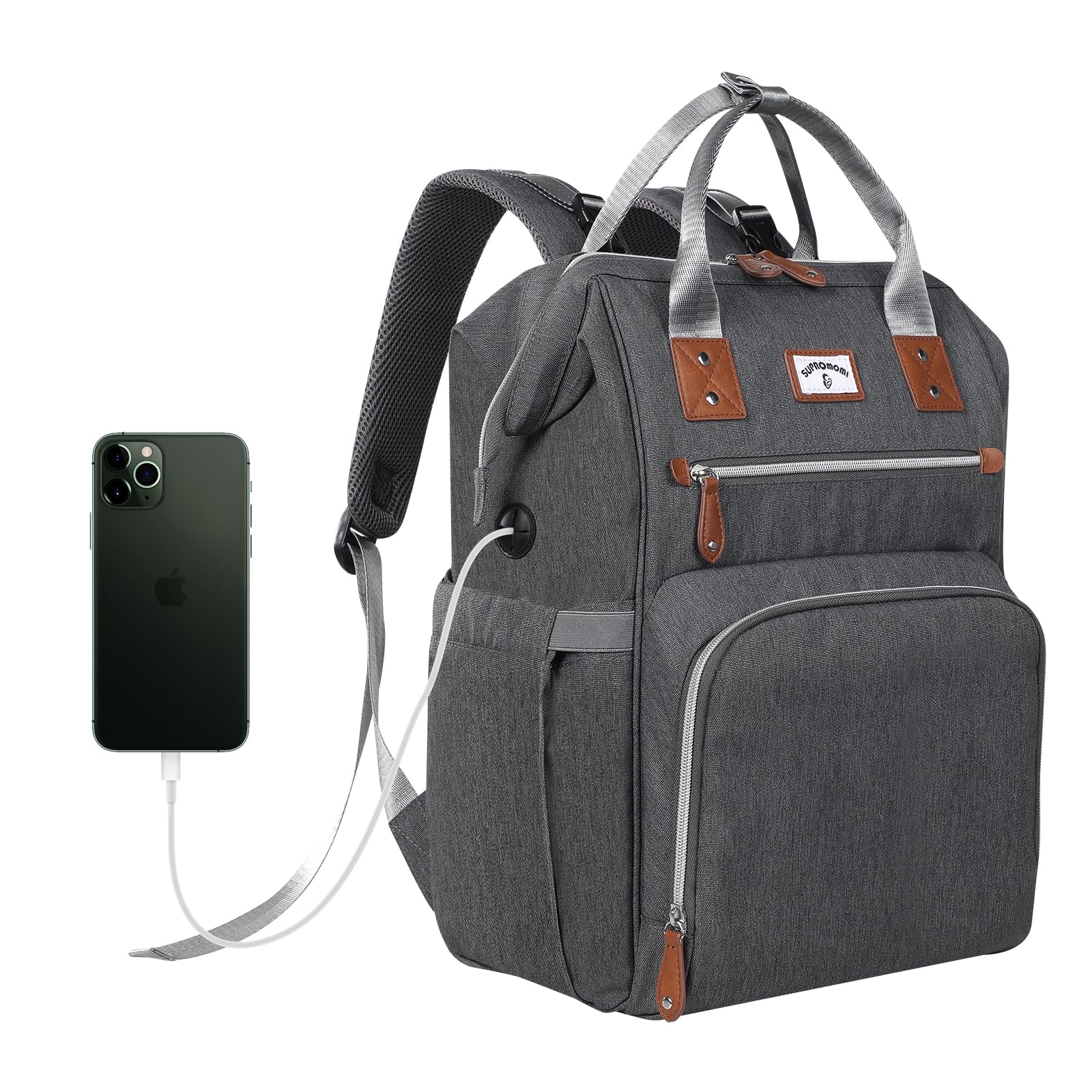 SUPROMOMI gray diaper bag backpack front view shows spacious pockets for easy access