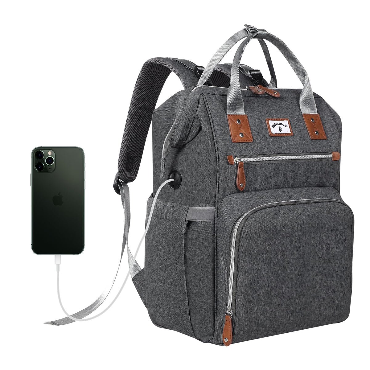 SUPROMOMI gray diaper bag backpack front view shows spacious pockets for easy access
