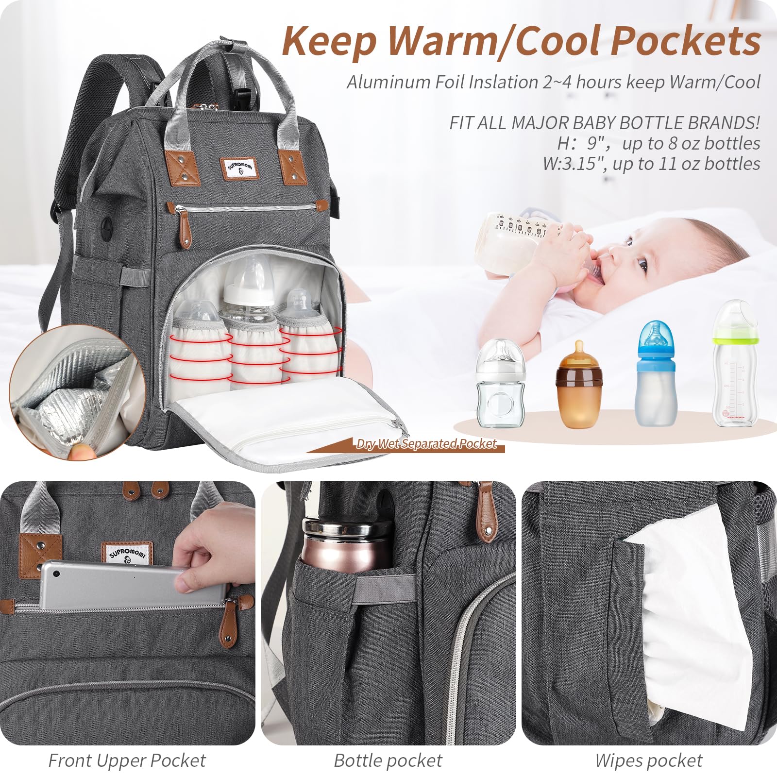 SUPROMOMI gray diaper bag interior compartments organized for bottles and diapers