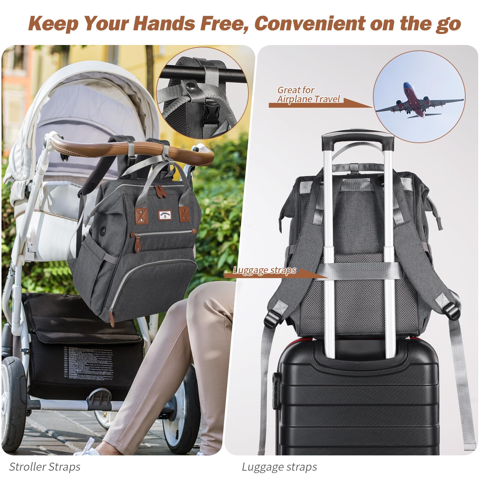 SUPROMOMI gray diaper bag luggage attachment fits with travel setups