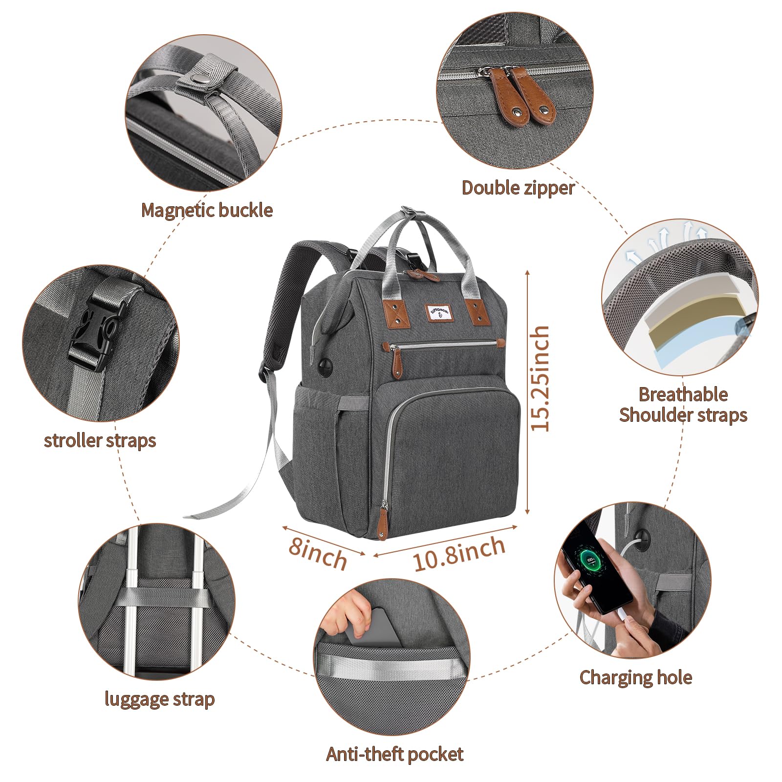 SUPROMOMI gray diaper bag water bottle pocket for easy hydration on the go