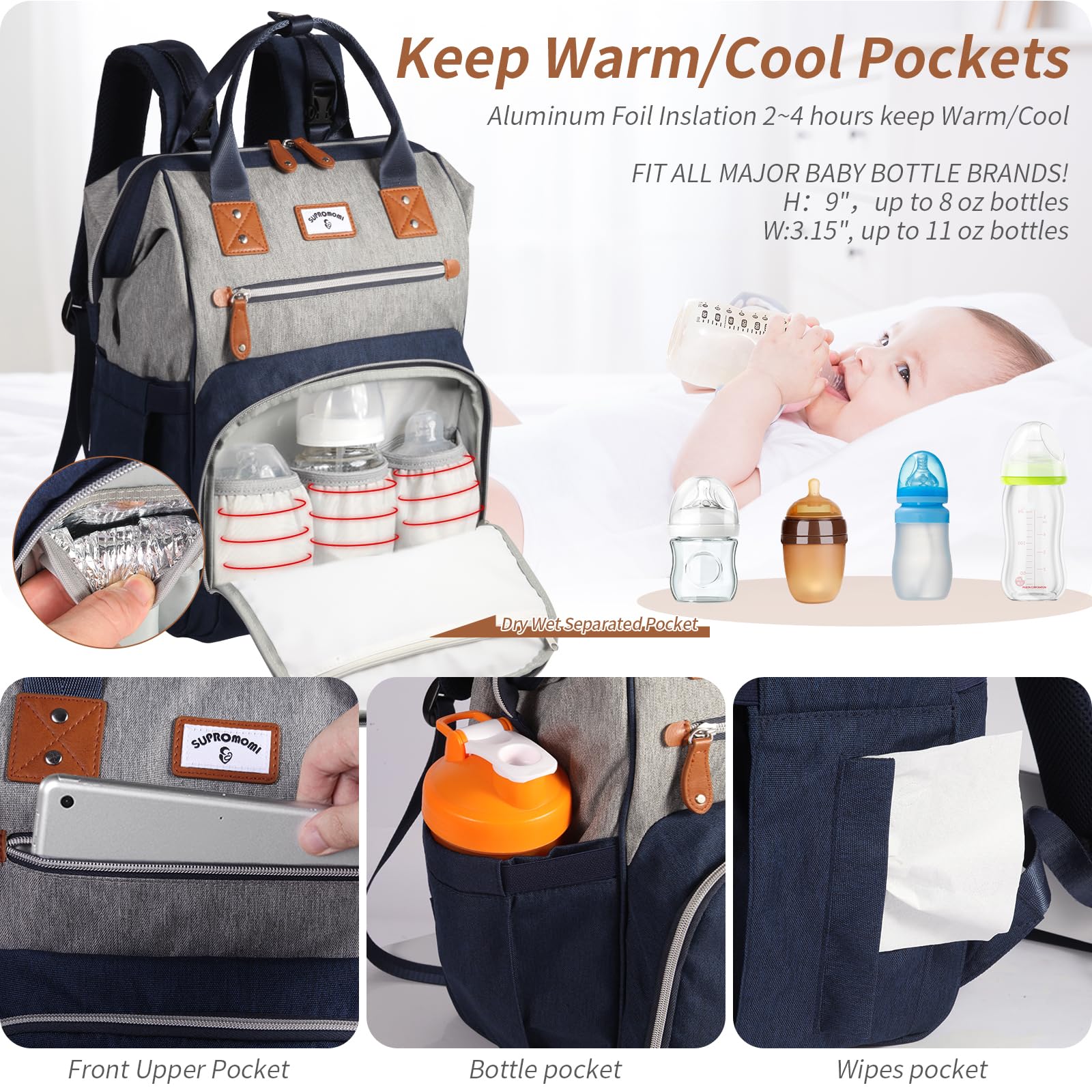 SUPROMOMI diaper bag fits luggage armrest on planes for convenient travel.