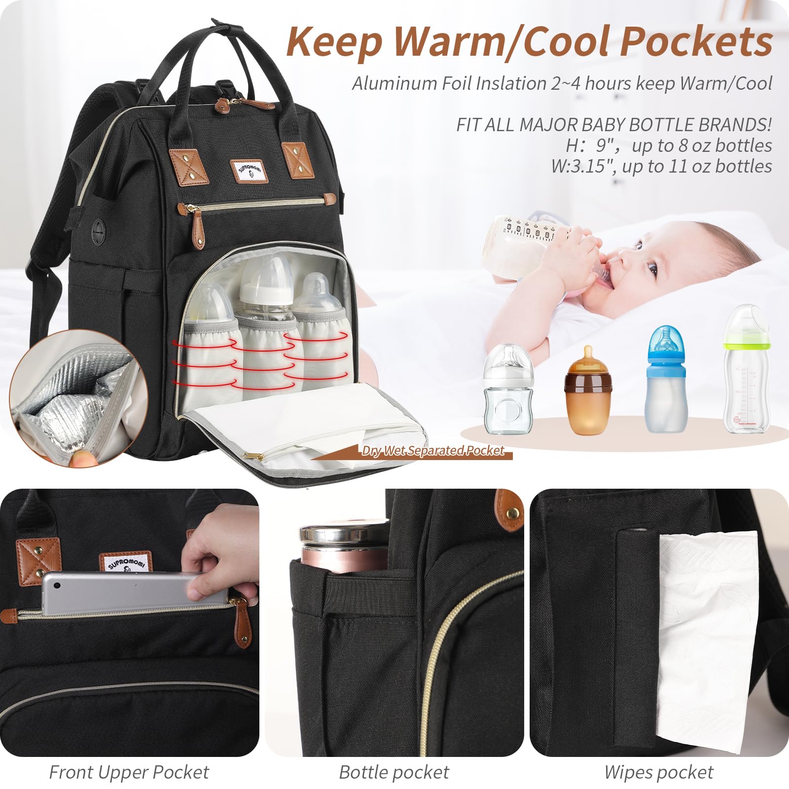 SUPROMOMI diaper bag backpack attached to stroller for hands-free care