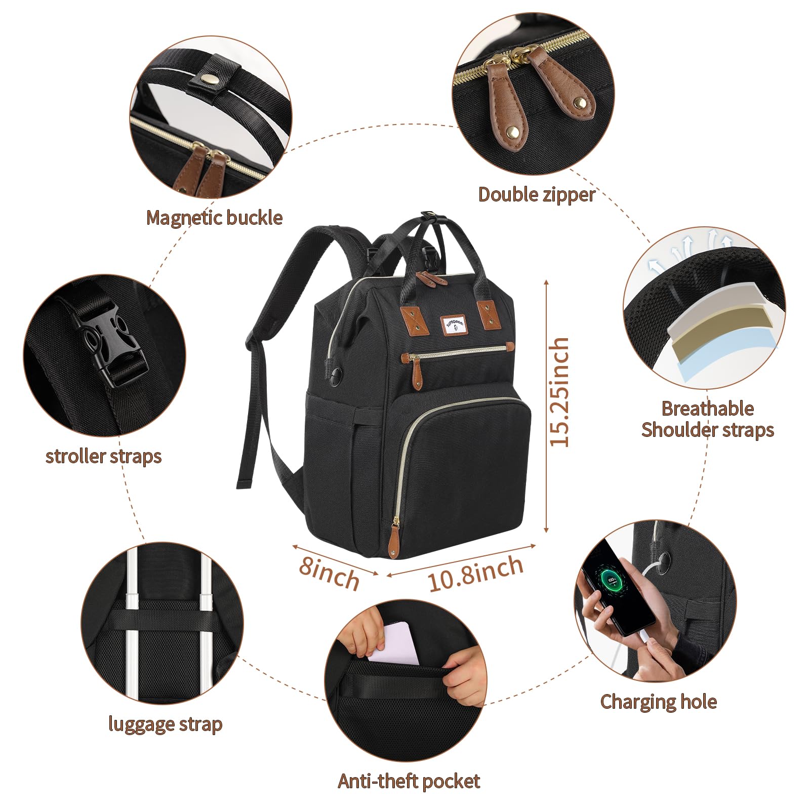 SUPROMOMI diaper bag backpack travel-ready with luggage strap compatibility