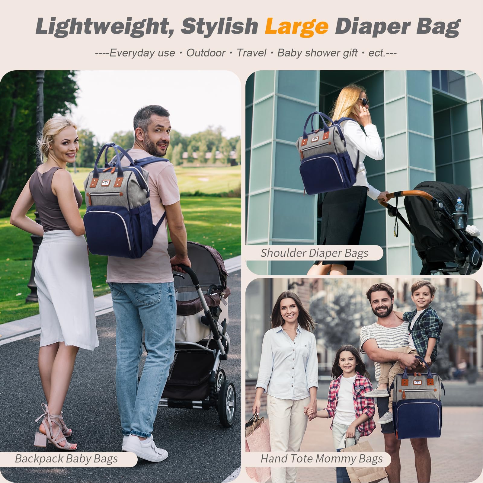 SUPROMOMI diaper bag worn as backpack for hands-free parenting during outings.
