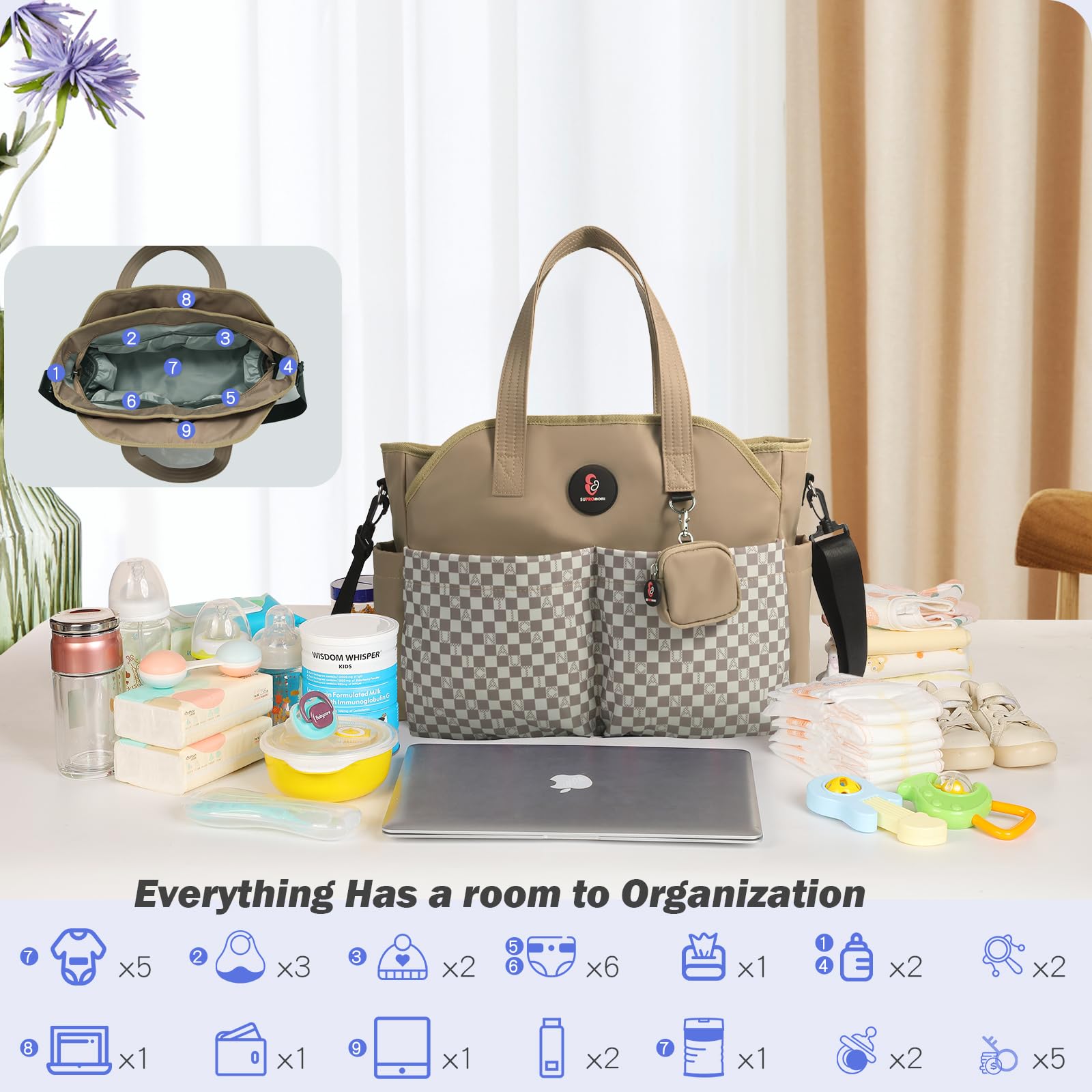 SUPROMOMI front and side pockets store snacks, tissues, and wipes for quick access.