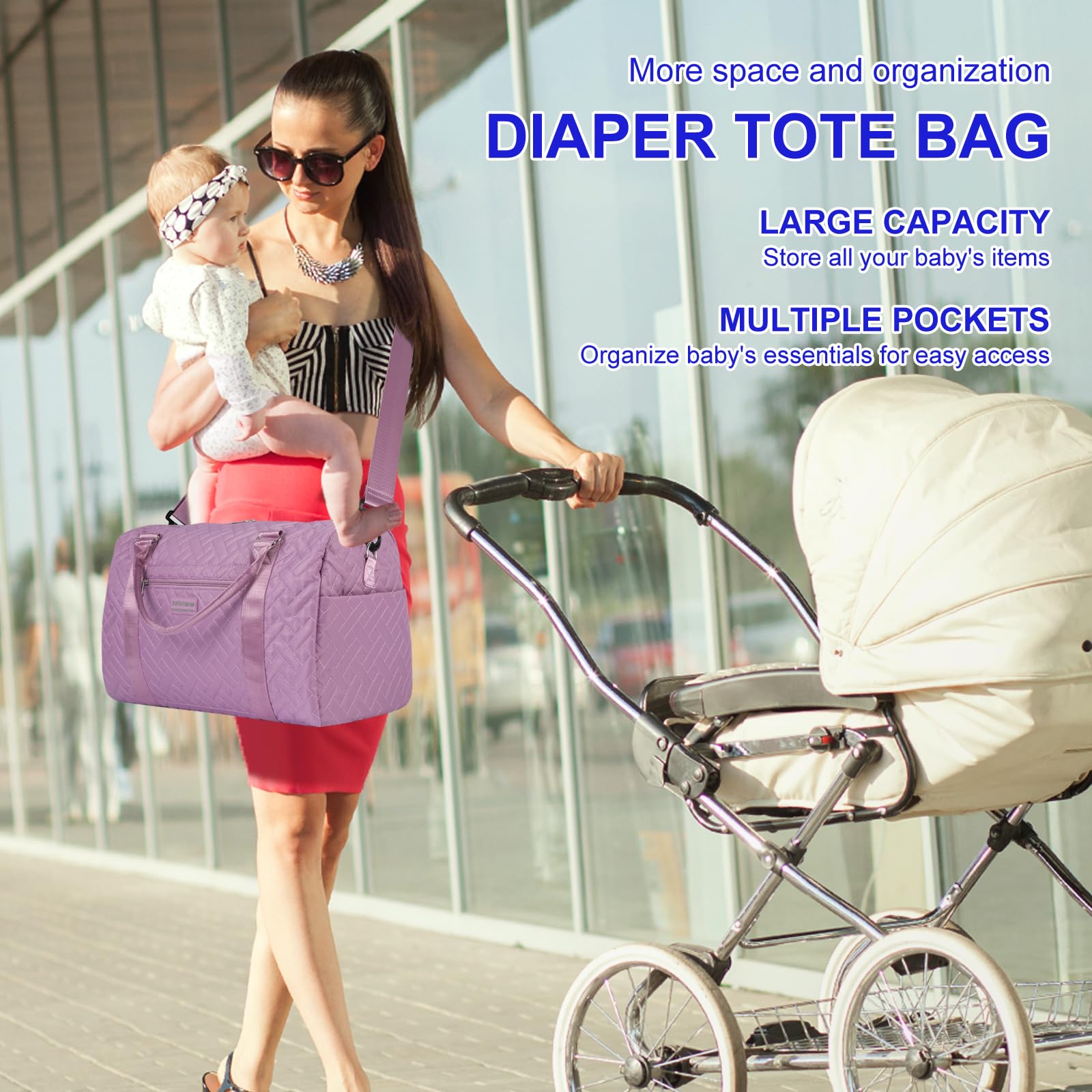 SUPROMOMI Diaper Bag Tote with insulated bottle pocket for hot or cold drinks.