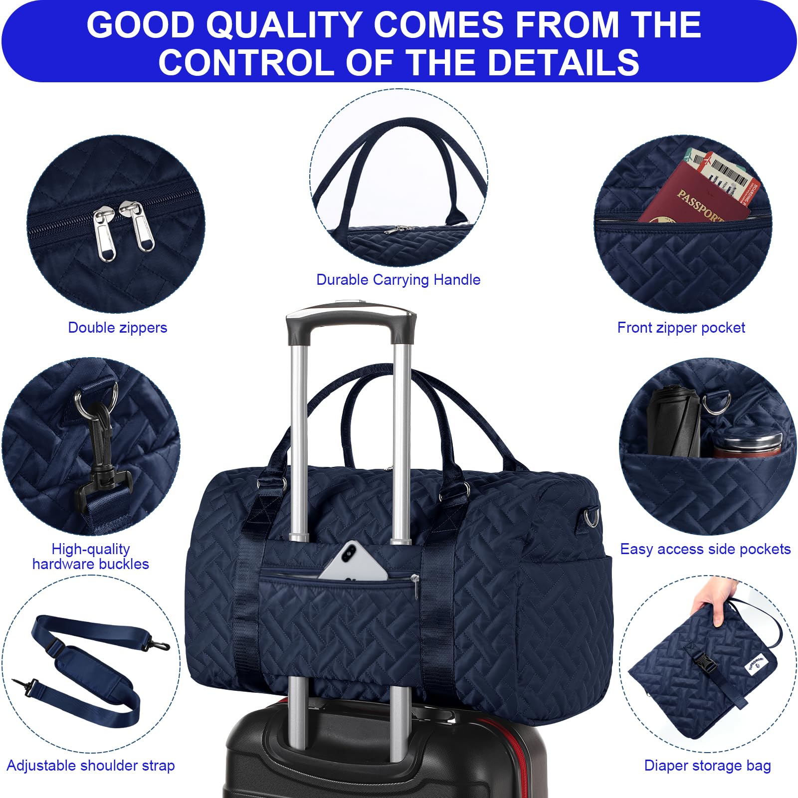 Supromomi diaper bag tote luggage sleeve allows attachment to a suitcase.