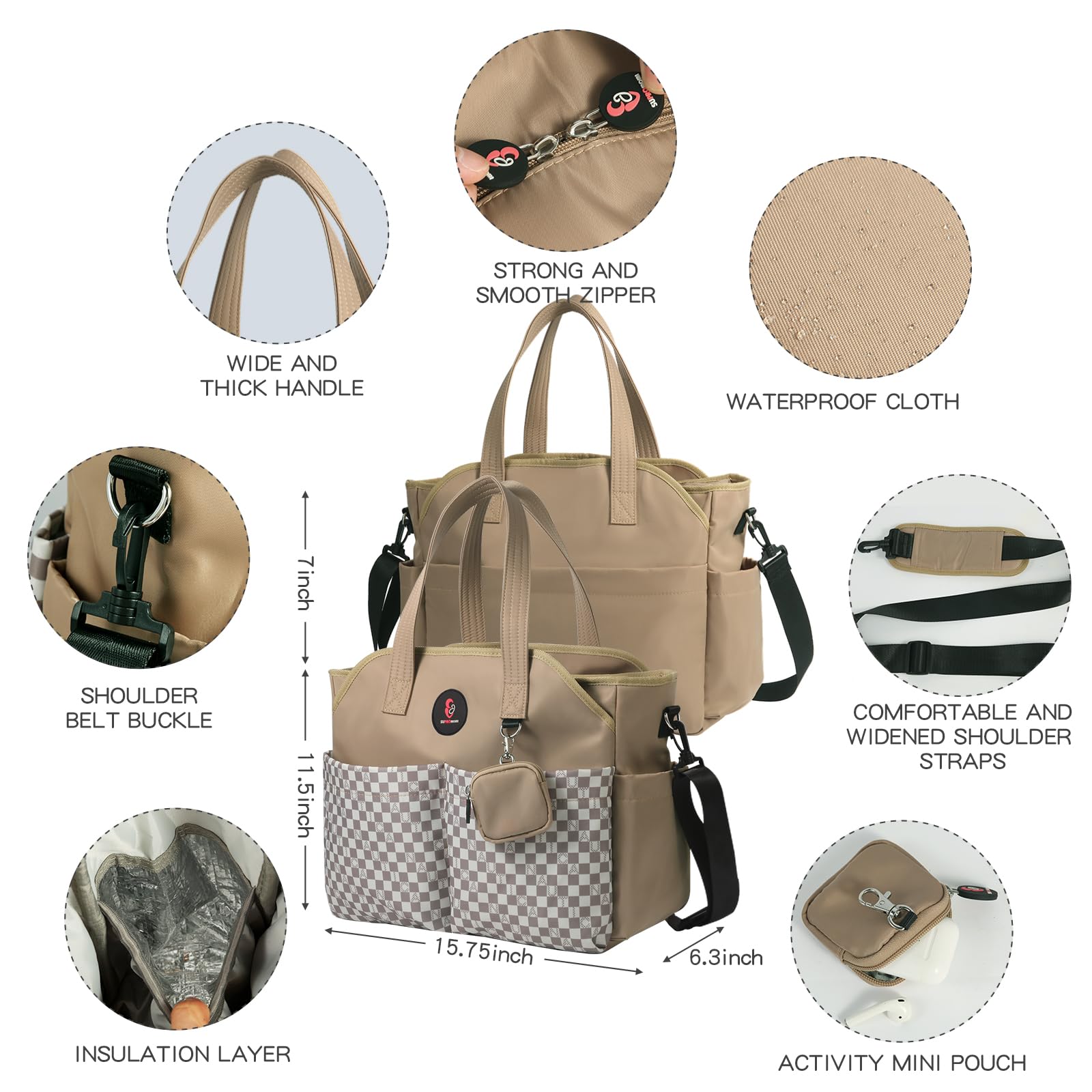 SUPROMOMI tote shows organized pockets for twin essentials within easy reach.