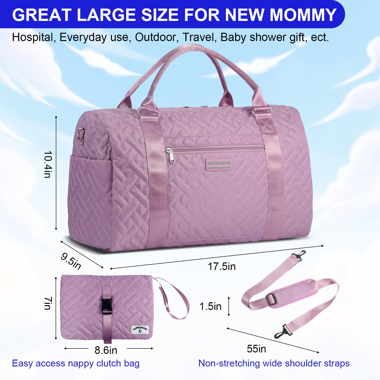 SUPROMOMI Diaper Bag Tote round handle for comfortable carrying.