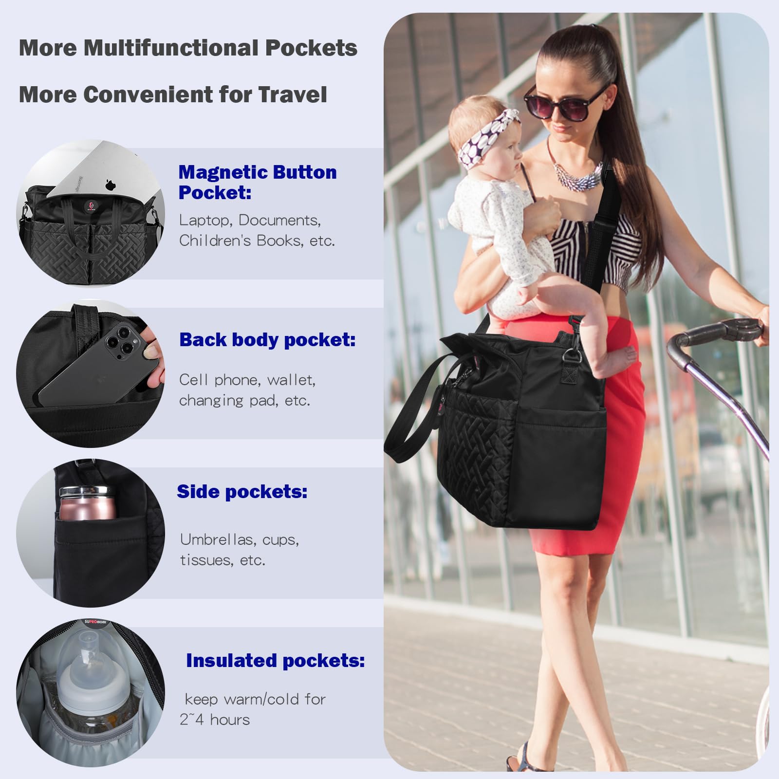 SUPROMOMI Diaper Tote insulated pocket keeps bottles at correct temperature on the go