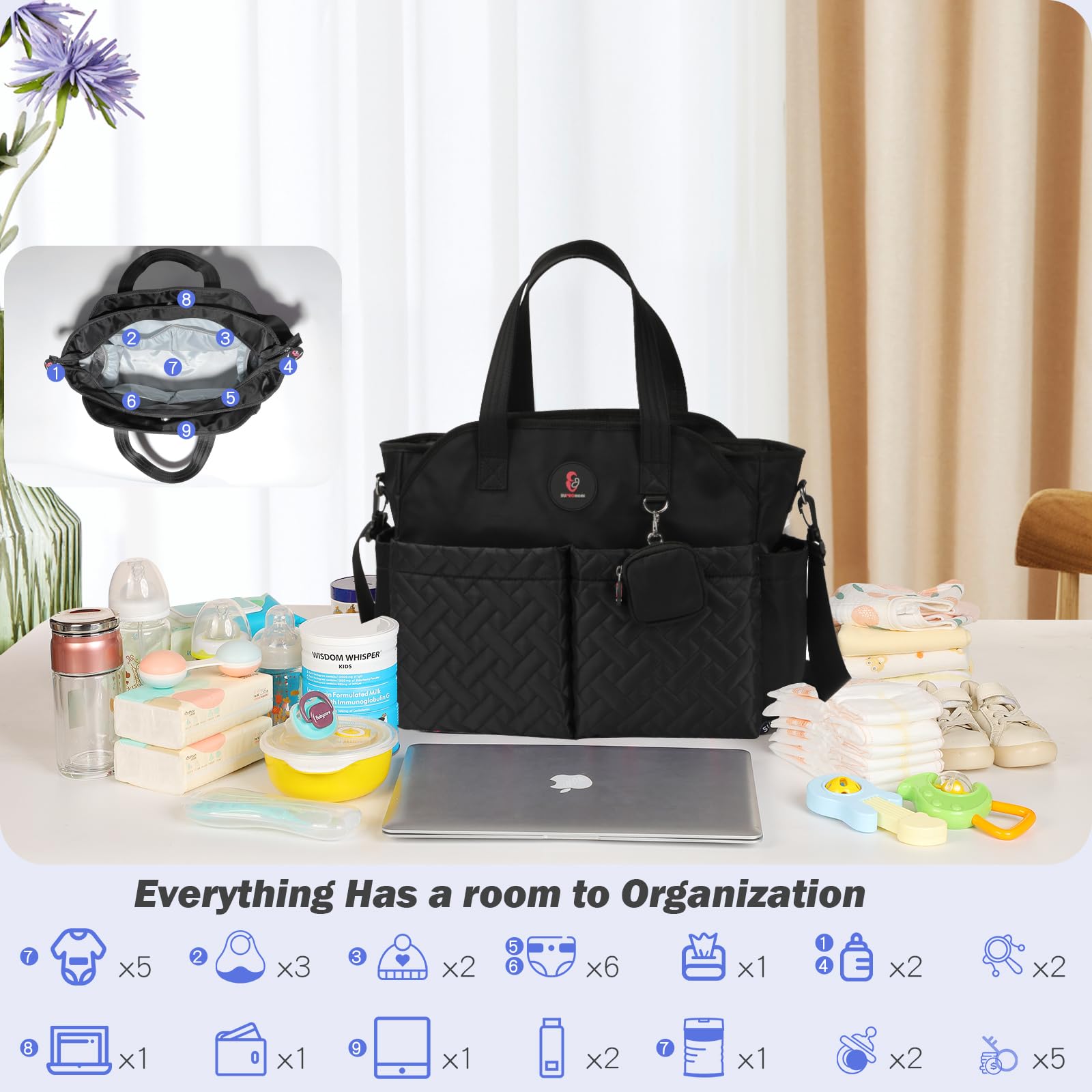 SUPROMOMI Diaper Tote removable strap demonstrates versatile hands-free carrying
