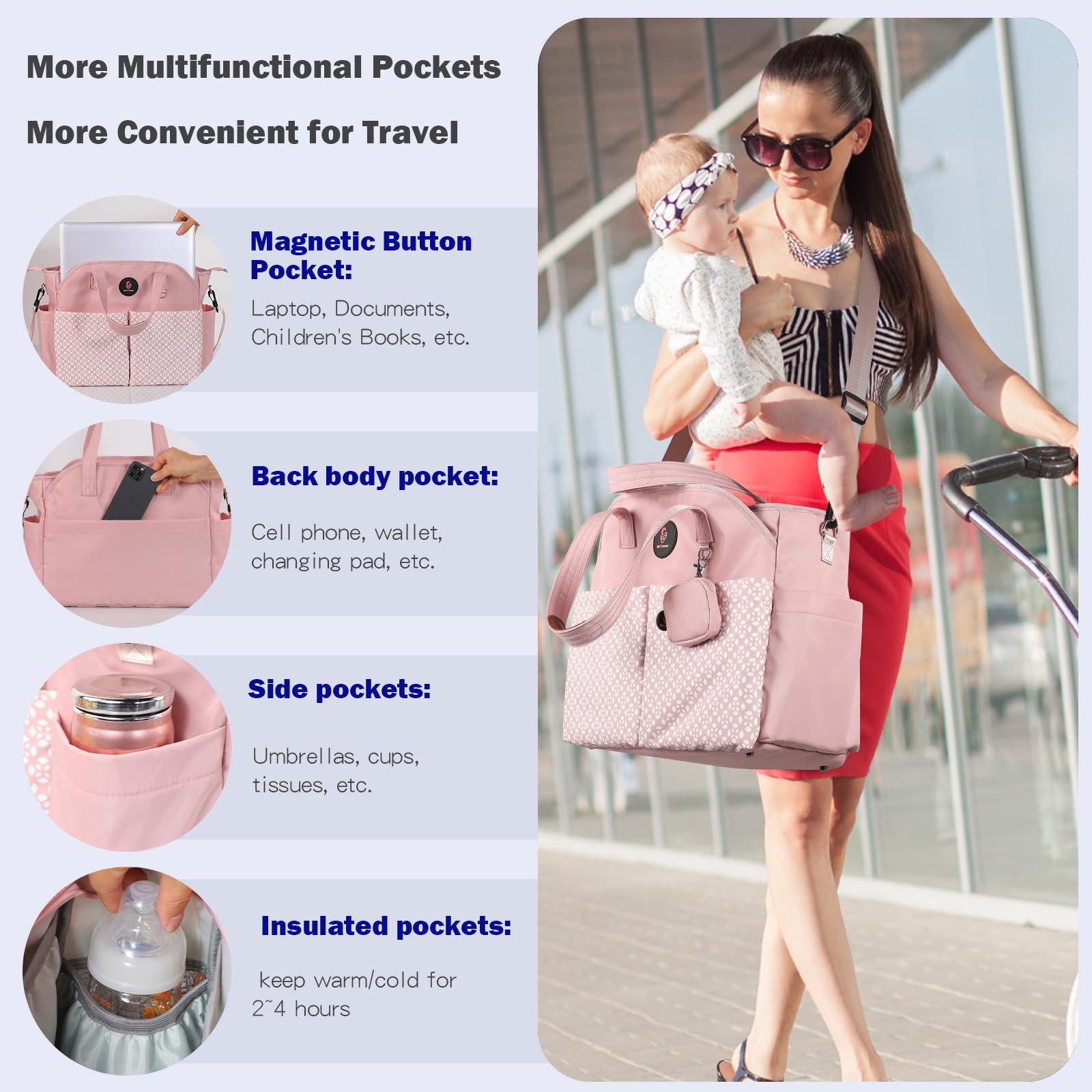 SUPROMOMI diaper tote with adjustable strap offers hands free comfort