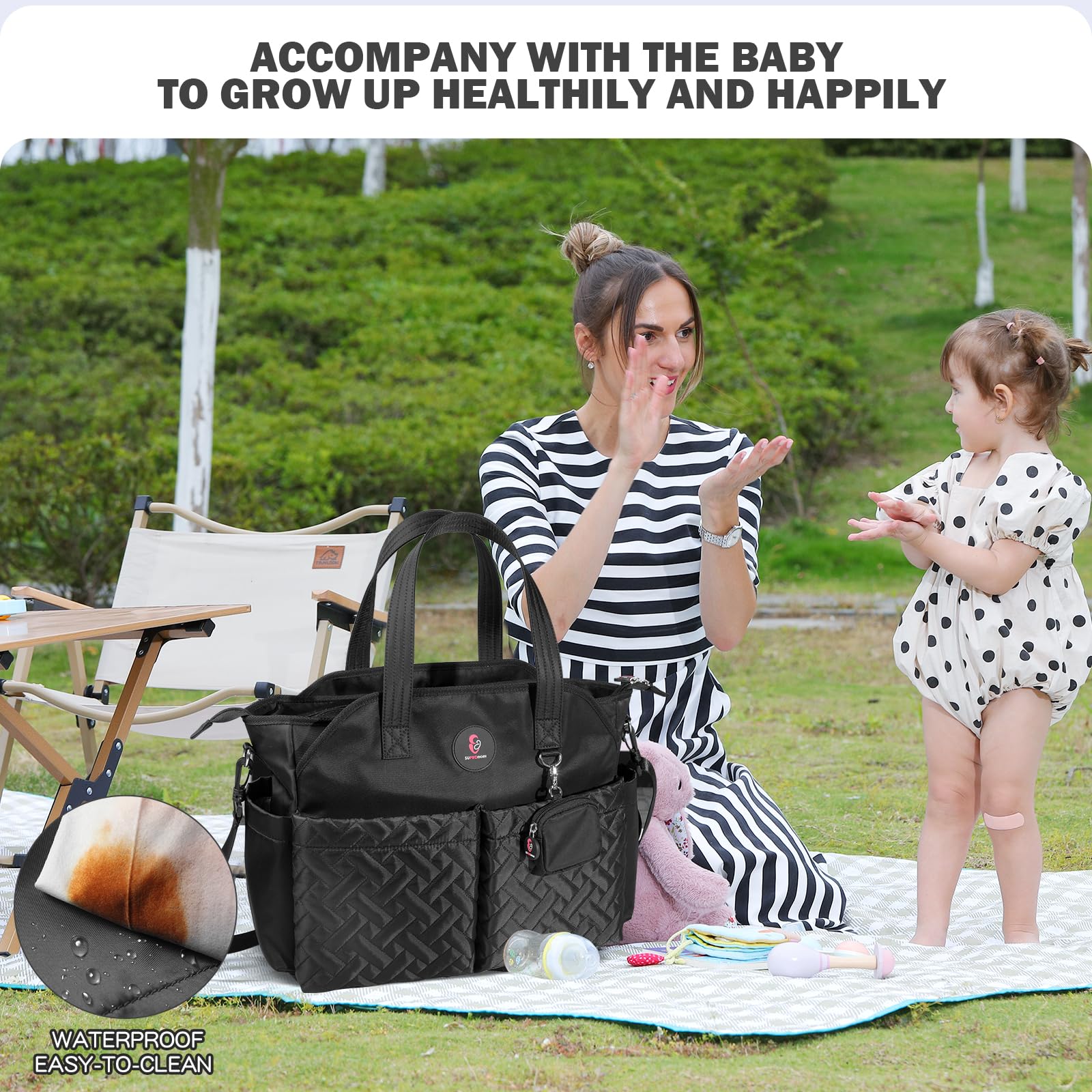 SUPROMOMI Diaper Tote water-bottle pocket ideal for hydration on day trips