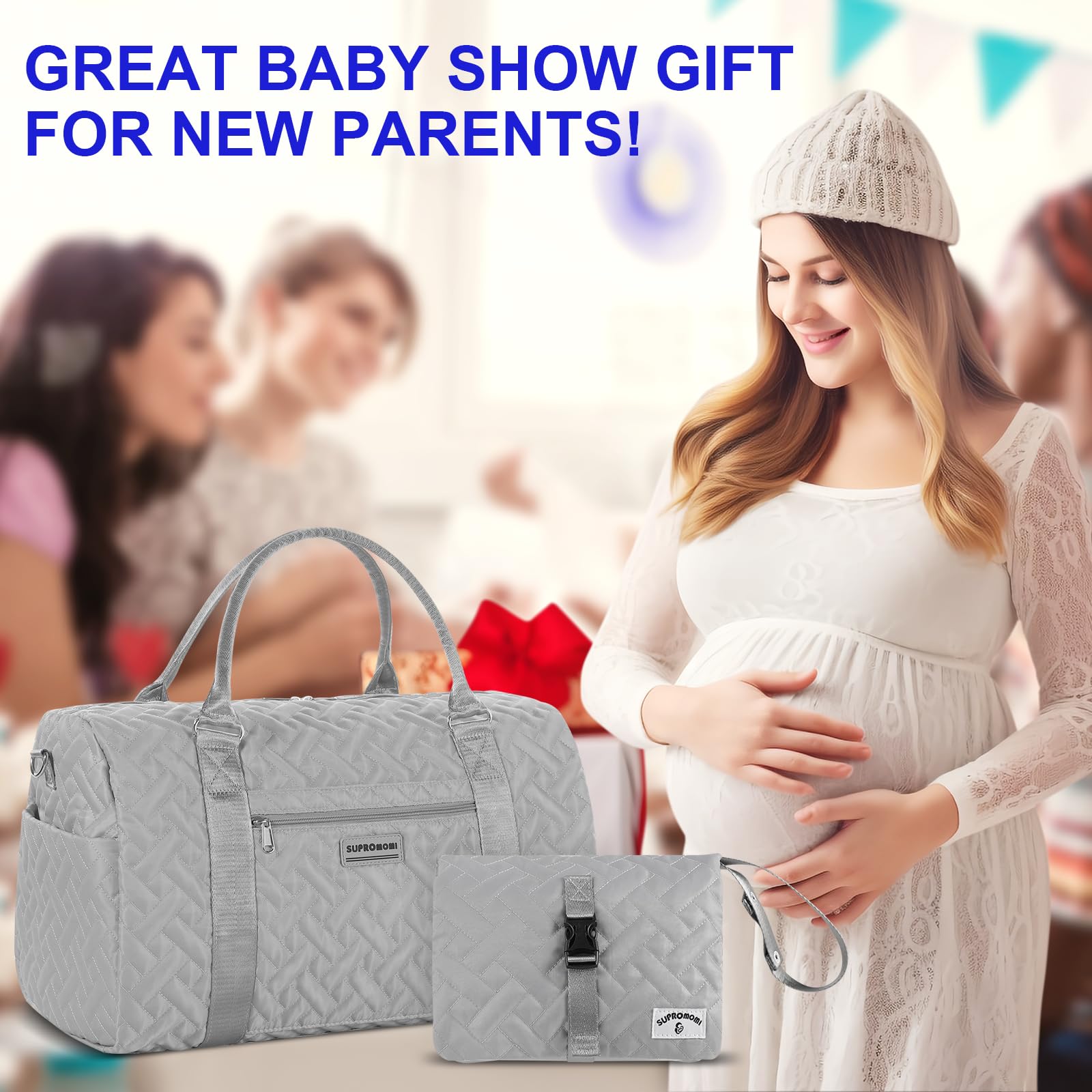 SUPROMOMI neutral-grey-color diaper bag blends with outfits for everyday use.