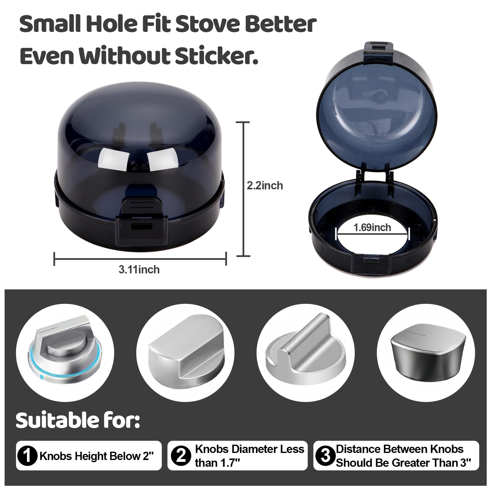 Installing with adhesive strips, SuPruida knob safety cover ensures secure knob blocking.