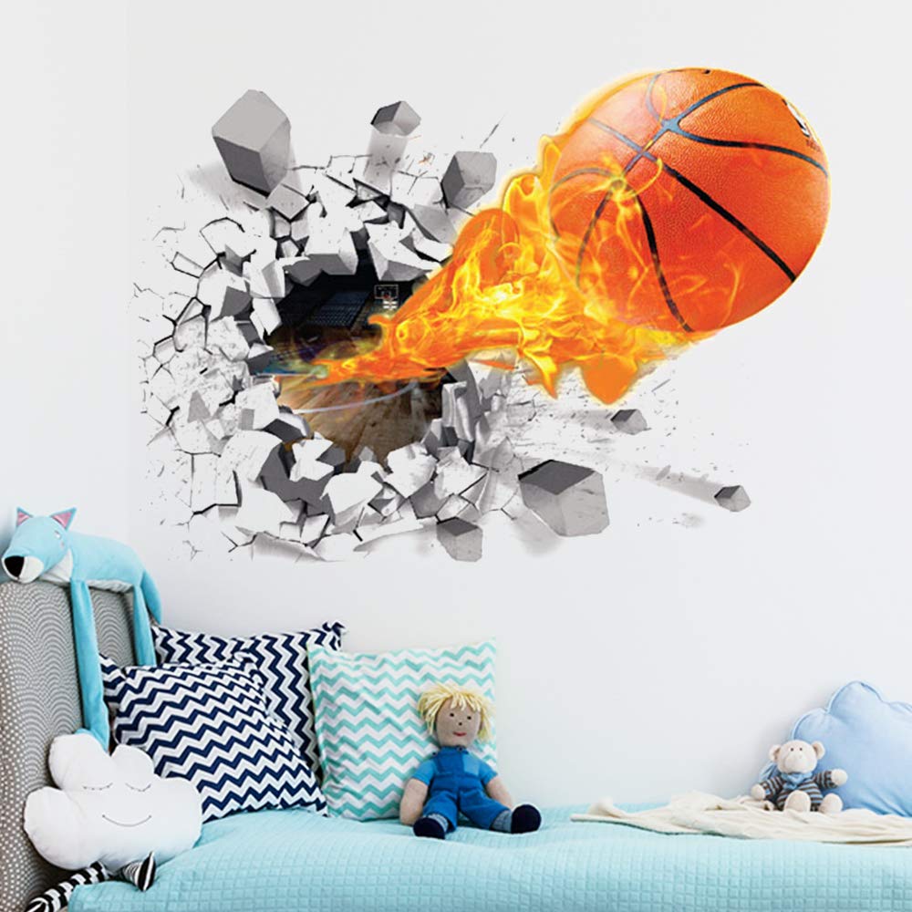 Supzone 3D basketball wall sticker with fireball effect for kids’ room