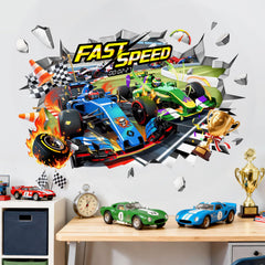 Supzone 3D racing car wall decal bursting through a wall adds dynamic energy to playrooms.