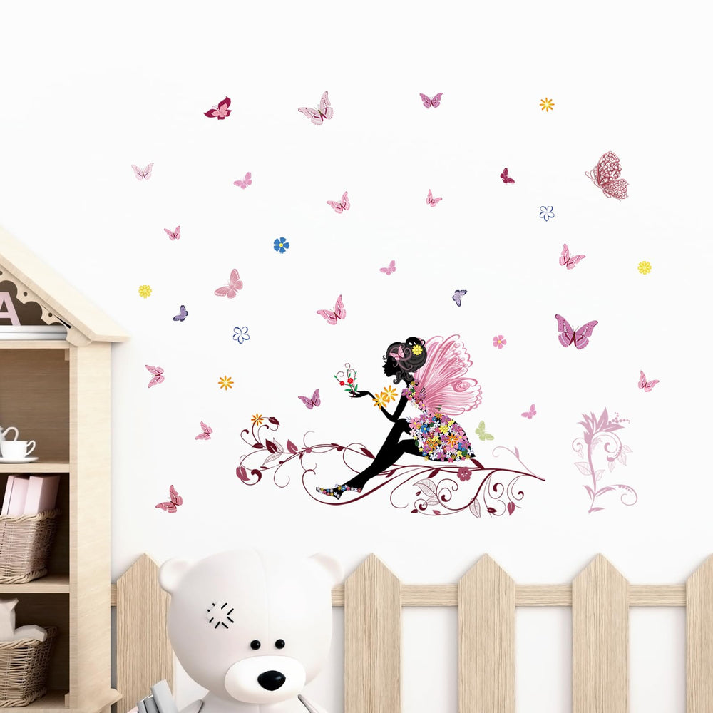 Supzone Flower Fairy Wall Sticker with pink wings enhances nursery decor.