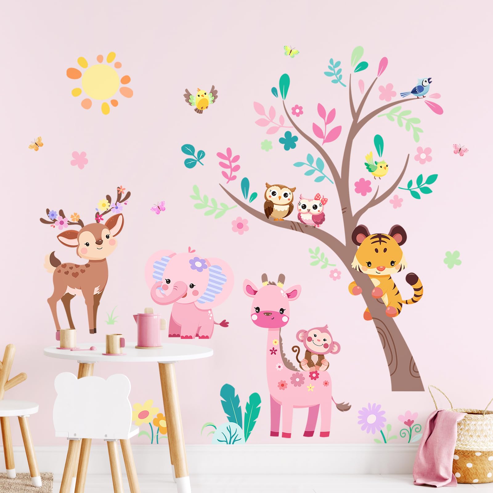 Supzone jungle tree decal with pink elephant for playful kids' room decor.