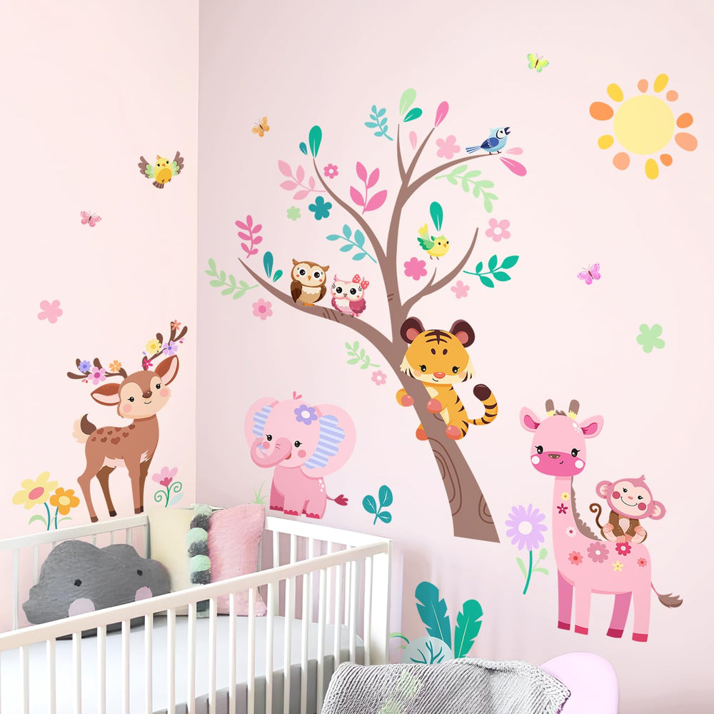 Supzone pink tree decal anchors the jungle theme with soft hues.