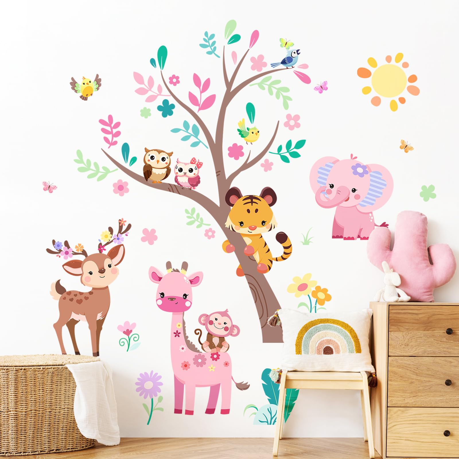 Supzone zebra wall decal complements the pink tree for playful contrast.