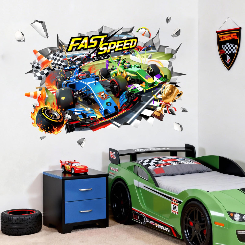 Supzone playroom wall decor with racing stickers for classrooms and play areas.