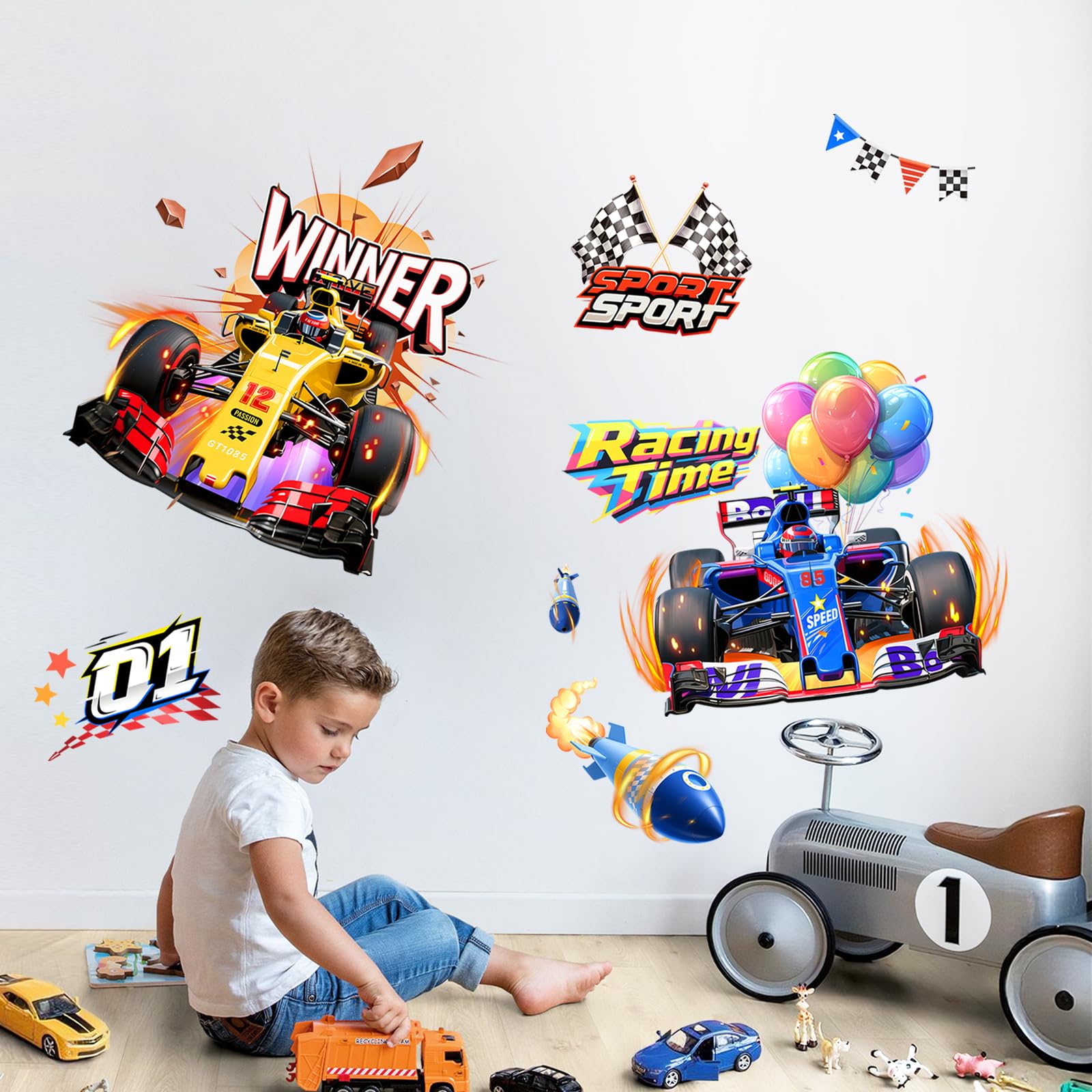 Supzone racing car wall decor, removable on smooth surfaces without residue.