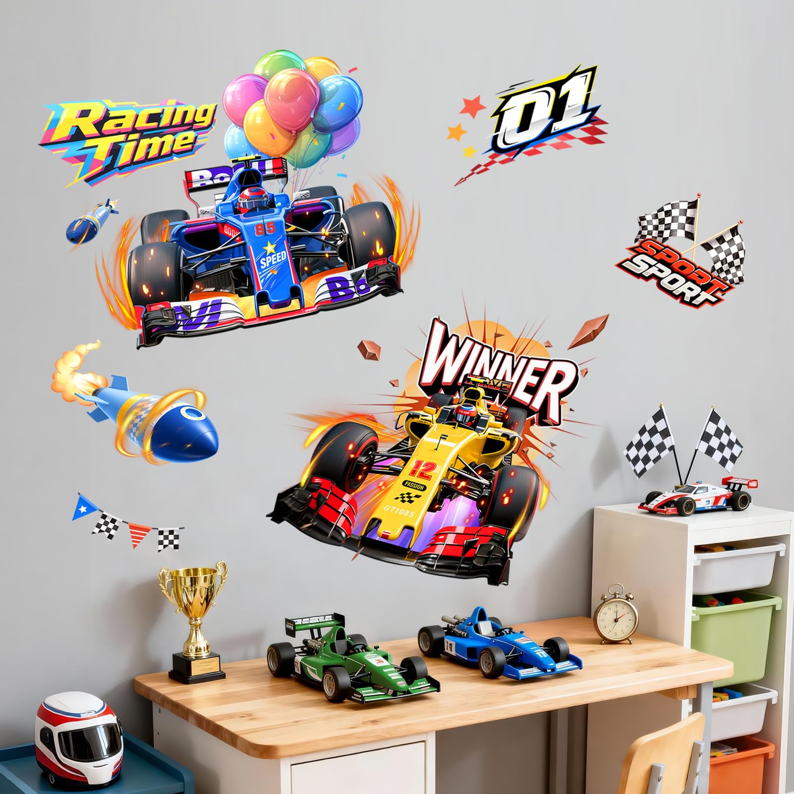 Supzone racing car wall decal set, two sheets for quick room transformation.