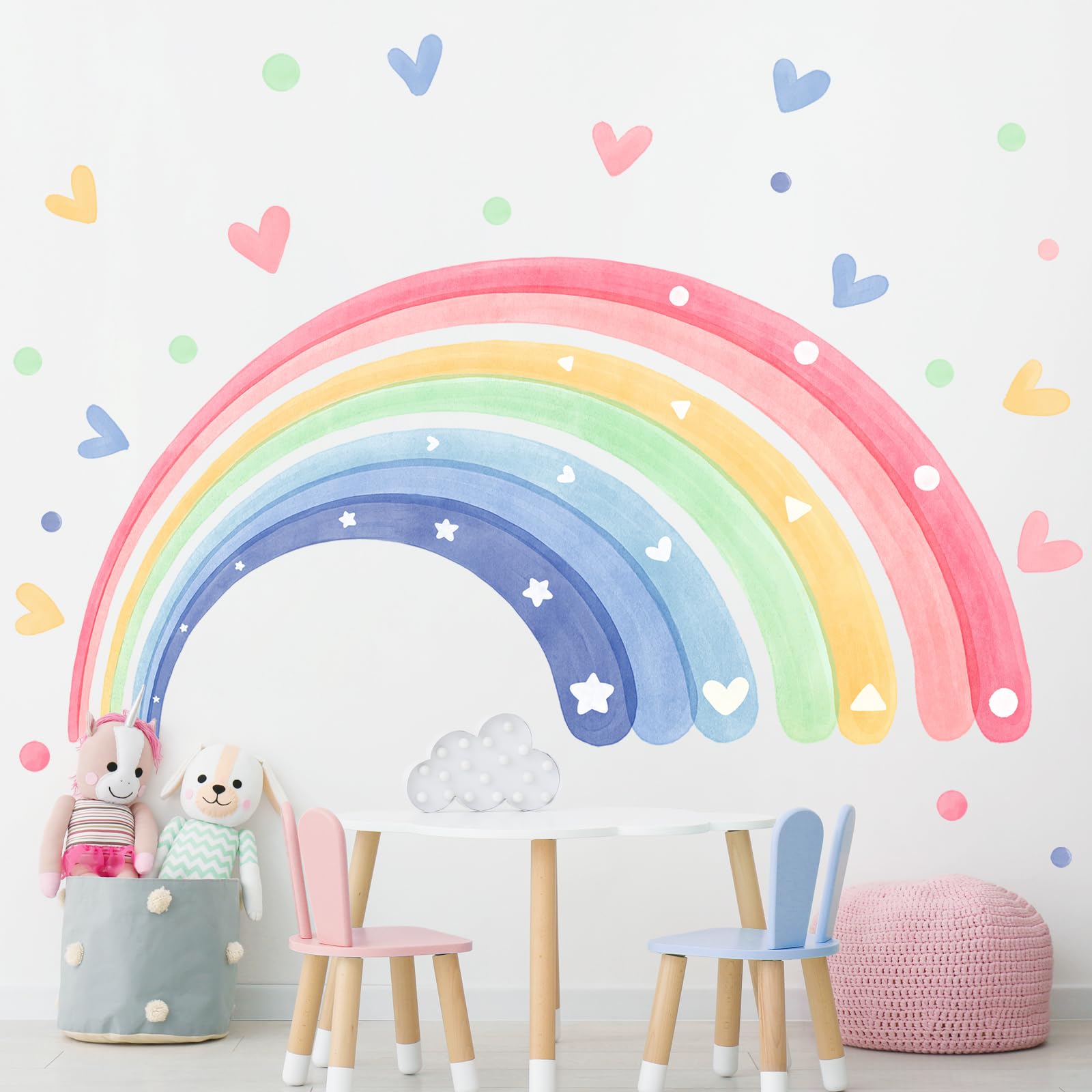 Supzone rainbow hearts wall decal kit on wall creates playful watercolor backdrop.