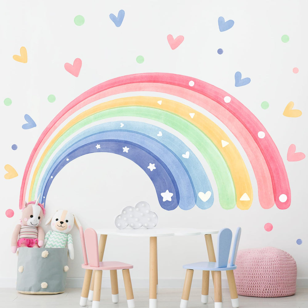 Supzone rainbow hearts wall decal kit on wall creates playful watercolor backdrop.