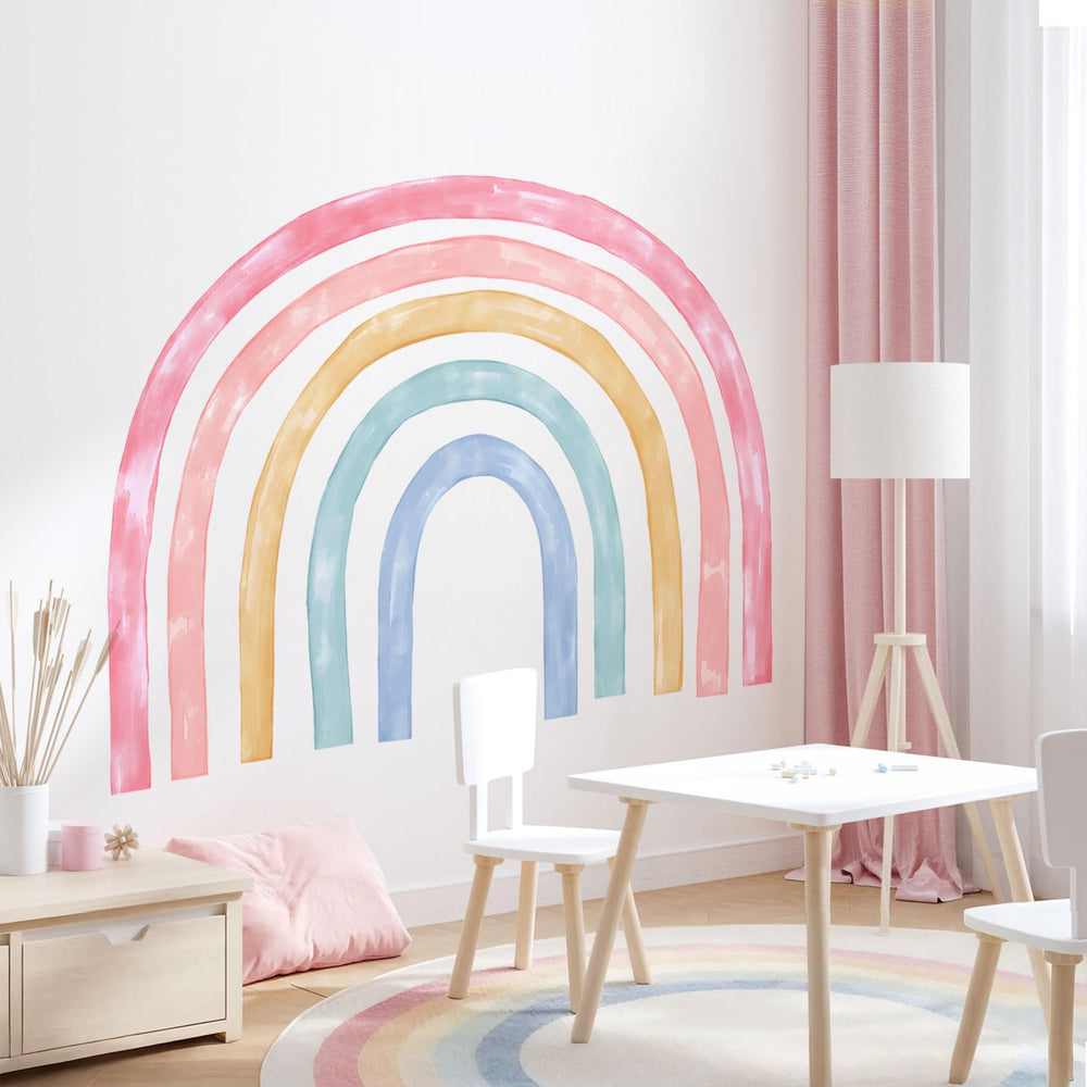 Supzone rainbow mural for nursery; easy DIY decoration to spark curiosity.
