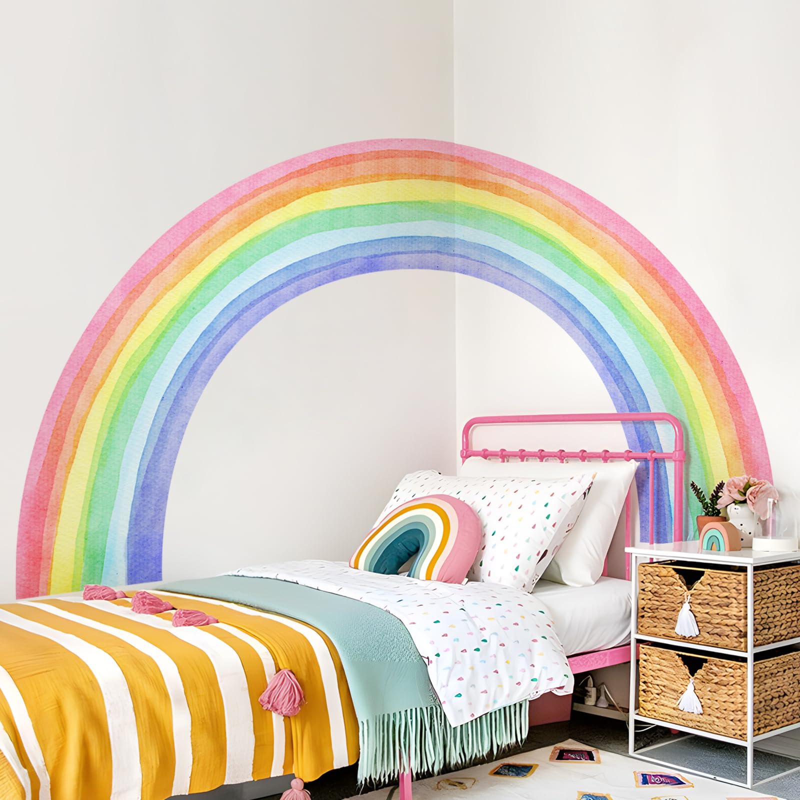Supzone rainbow wall mural in four-piece design enhances kids' bedrooms.