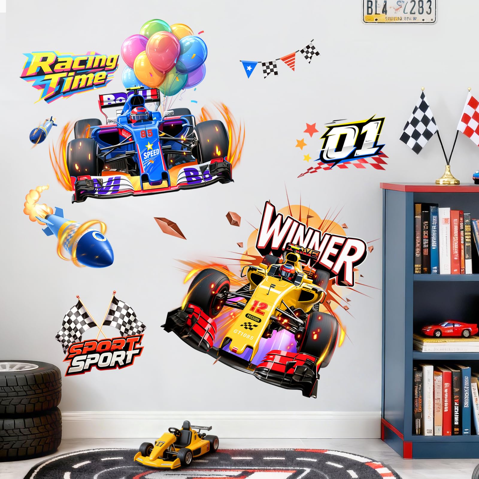 Supzone speeding race car wall sticker for kids' room, vibrant decor.