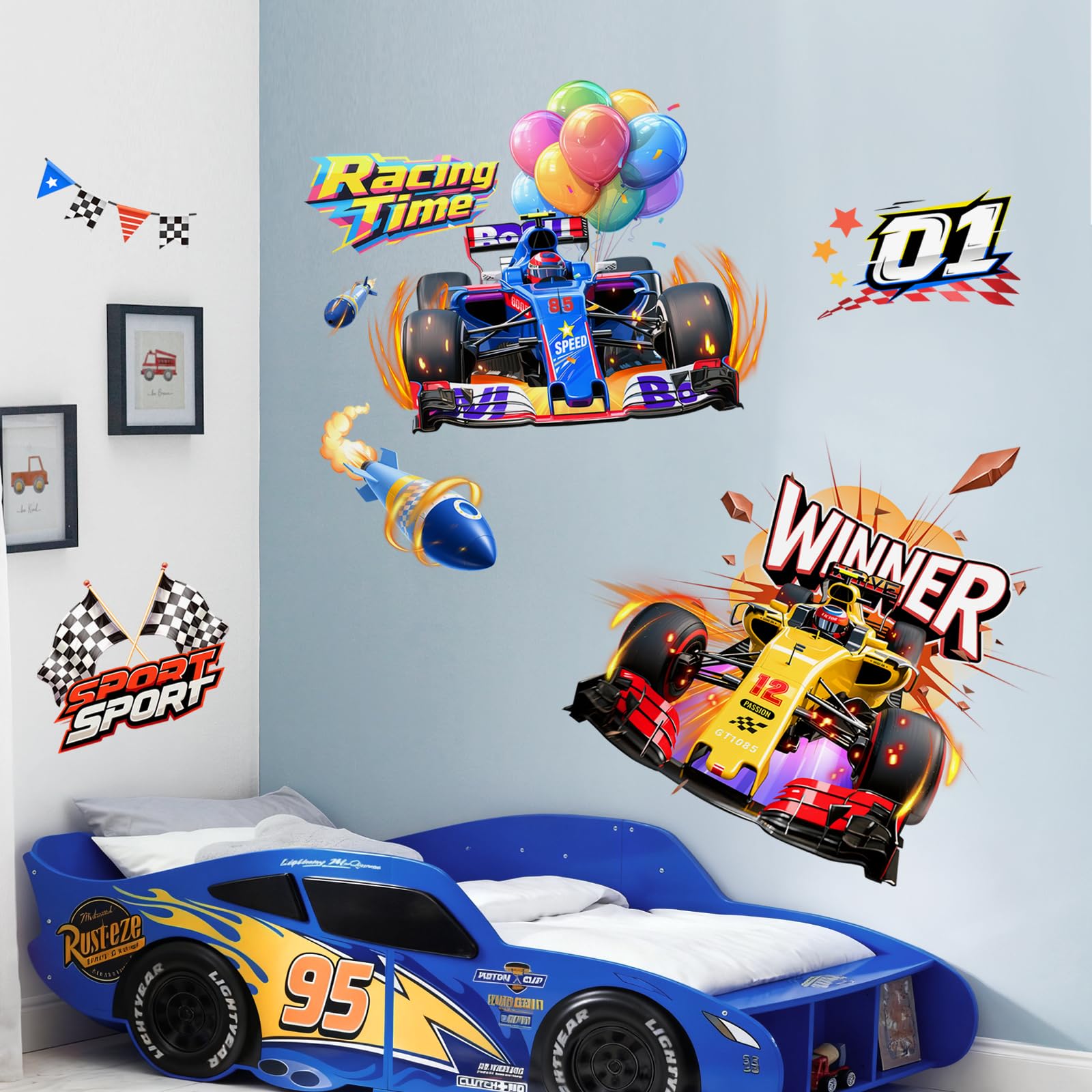 Supzone speeding race car wall sticker, bold design for classrooms and nurseries.