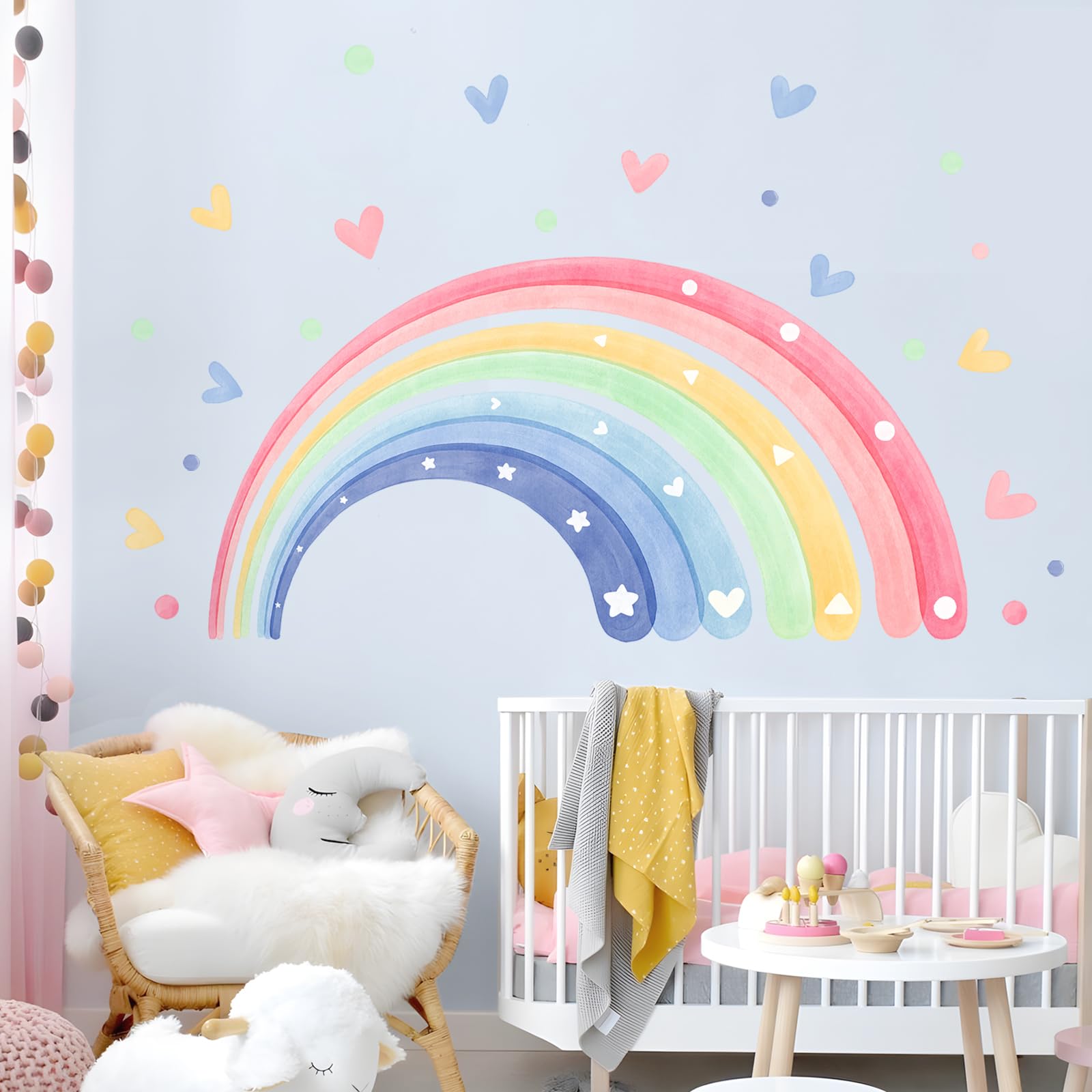 Supzone watercolor rainbow hearts wall stickers display soft gradients for kids' rooms.