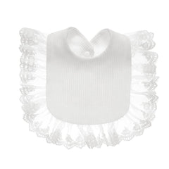 Surakey baby muslin bandana drool lace bib white, front view, absorbent for dry outfits