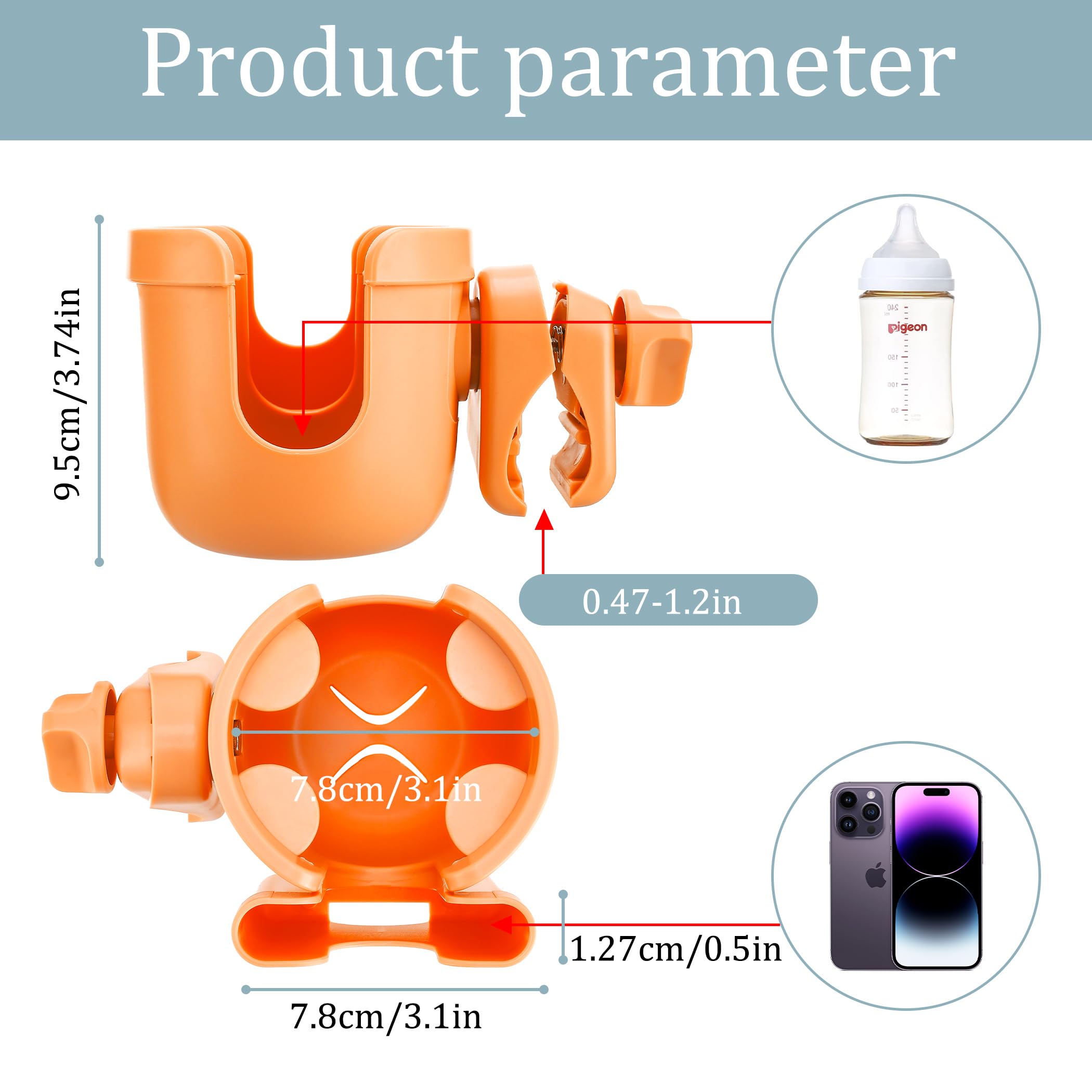 Suranew cup holder with phone slot in orange, side view for accessibility