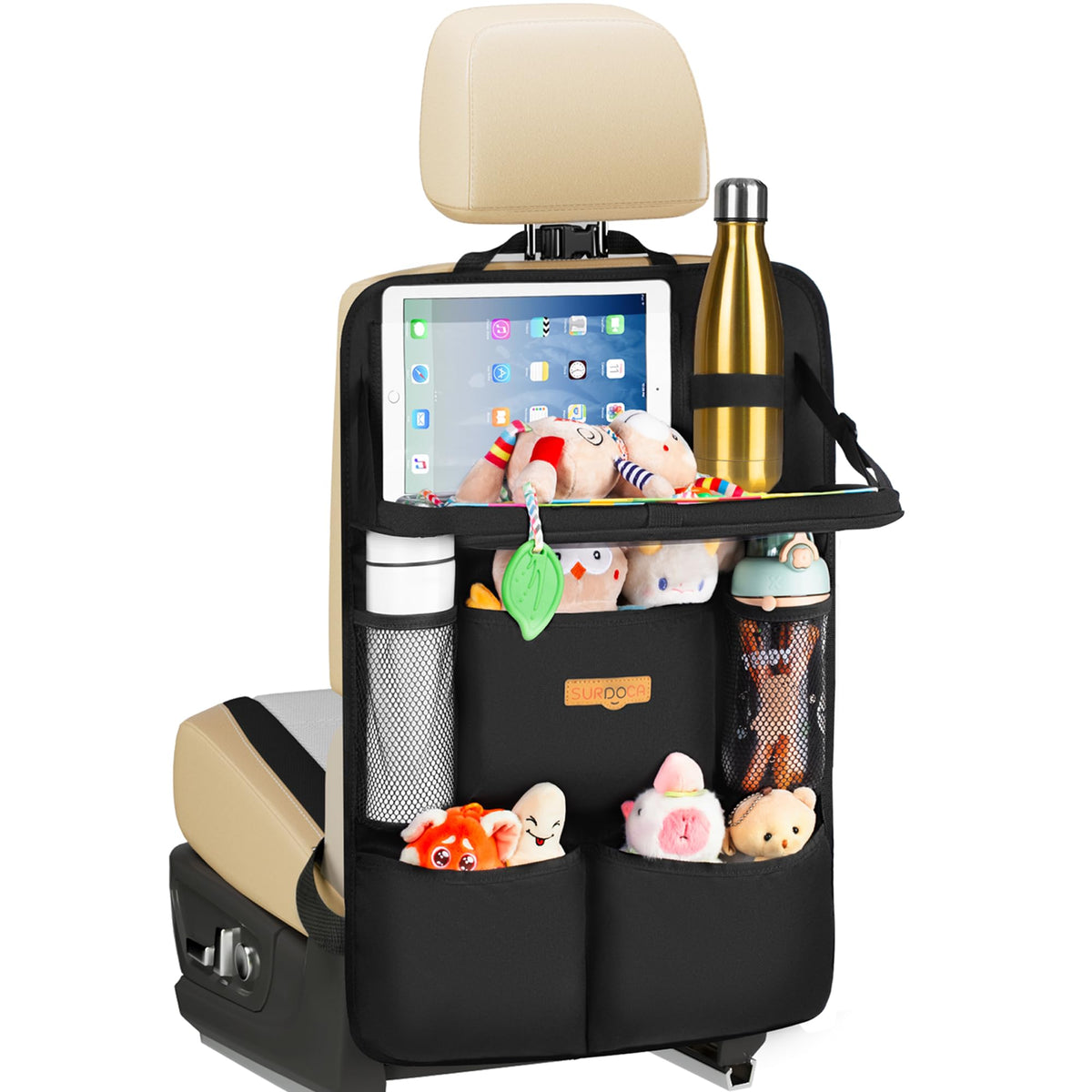 SURDOCA backseat organizer with foldable tray installed for meals on road trips.