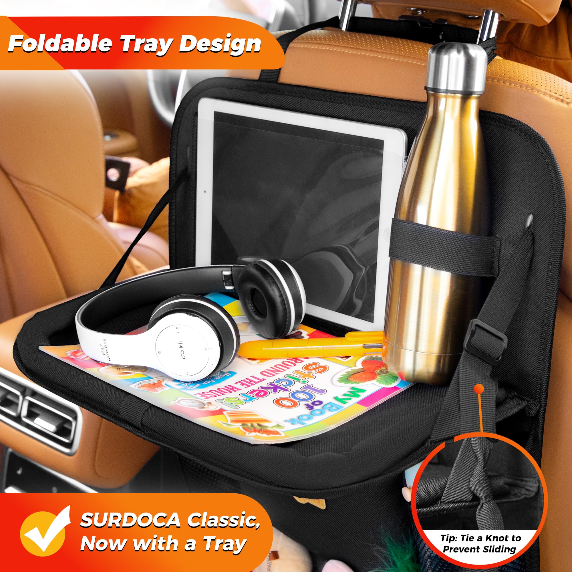 SURDOCA backseat organizer tablet pocket visible for easy tablet use.