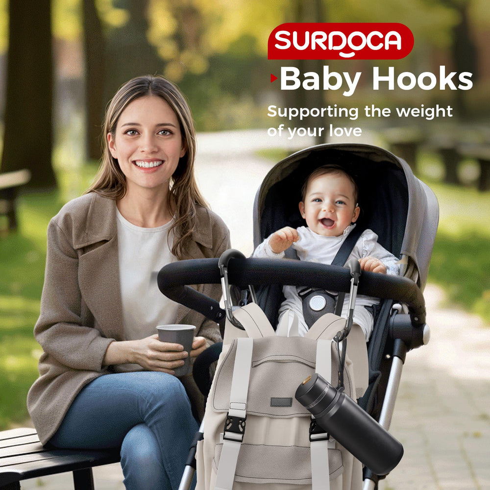  SURDOCA versatile clips fit strollers, wheelchairs, carts for shopping.