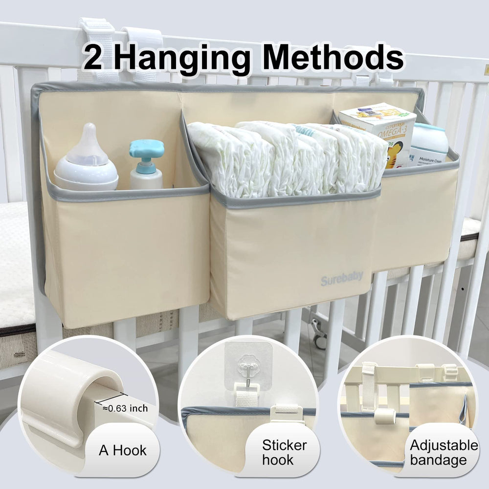 Surebaby three-in-one partition diaper caddy organizes diapers and clothes neatly