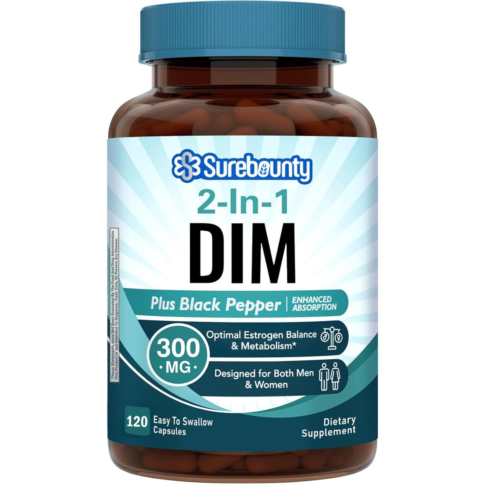 Surebounty DIM 300mg bottle highlights potency for daily hormone balance.