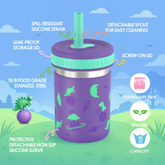 Sursip stainless steel cup with silicone straw lid for spill-resistant sipping.