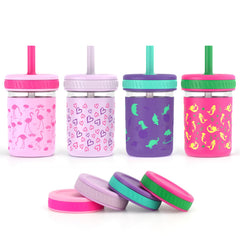 Sursip toddler glass cups with sleeve and straw, cushioned grip for little hands.