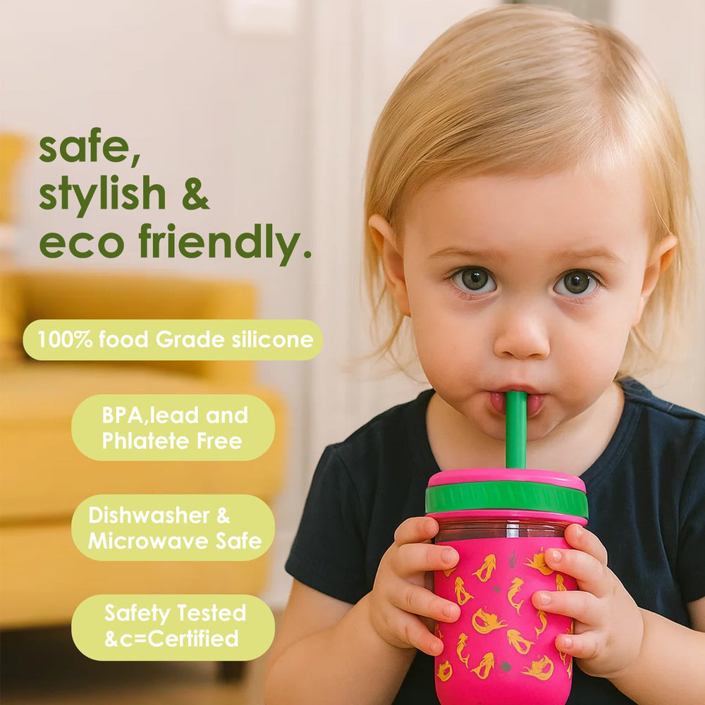 Sursip glass cup with silicone sleeve showing colorful, secure handling.