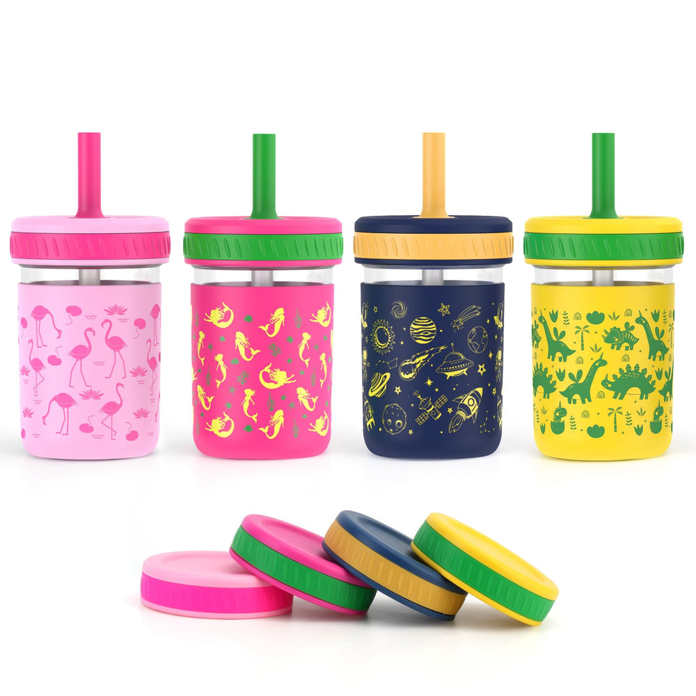 Sursip toddler glass cups with straw with silicone sleeve for a secure grip